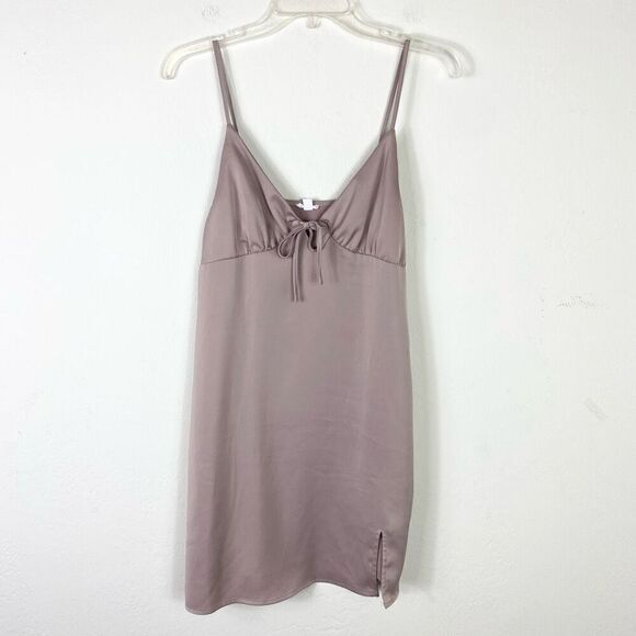 Garage Taupe Grey Satin Tie Front Slitted Spaghetti Strap Mini Slip Dress Size M - Picture 2 of 7
